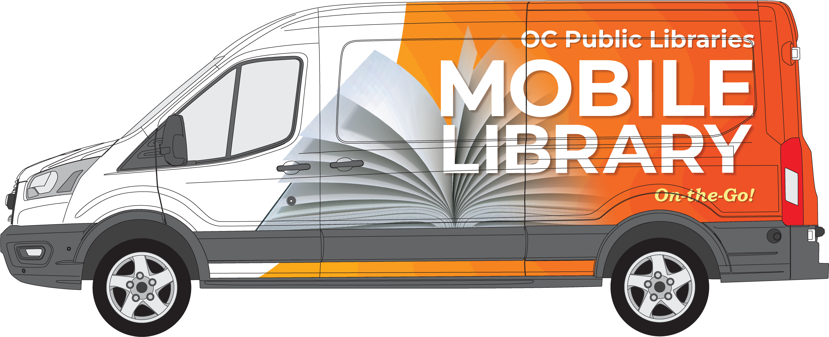 graphic of van with book and text that reads "OC Public Libraries Mobile Library On the Go!"