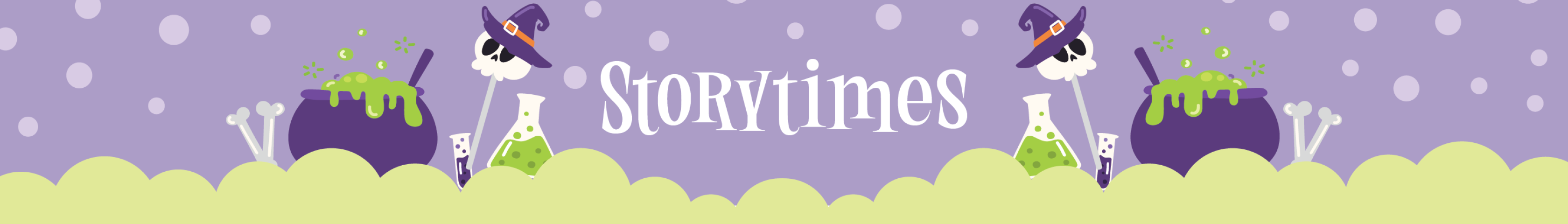 graphic of skull and bubbling cauldron text reads Storytimes