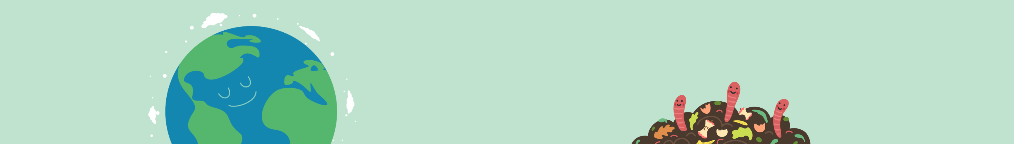 banner featuring illustration of Earth with a smiling face and a mound of compost with smiling worms and bits of food