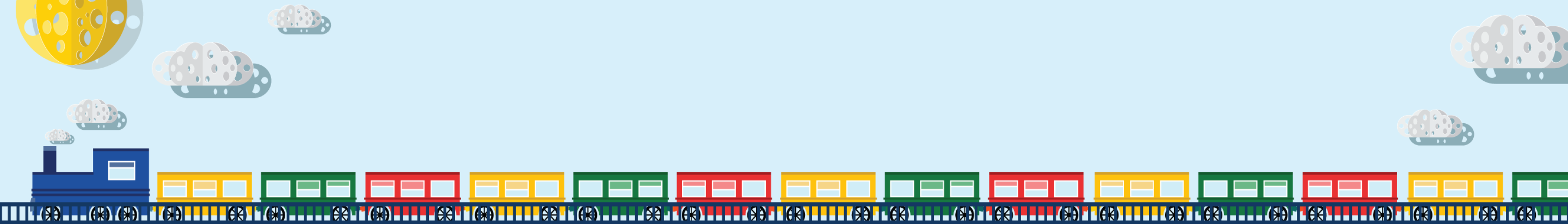 Graphic of a multicolored train crossing a bridge with abstract clouds and sun