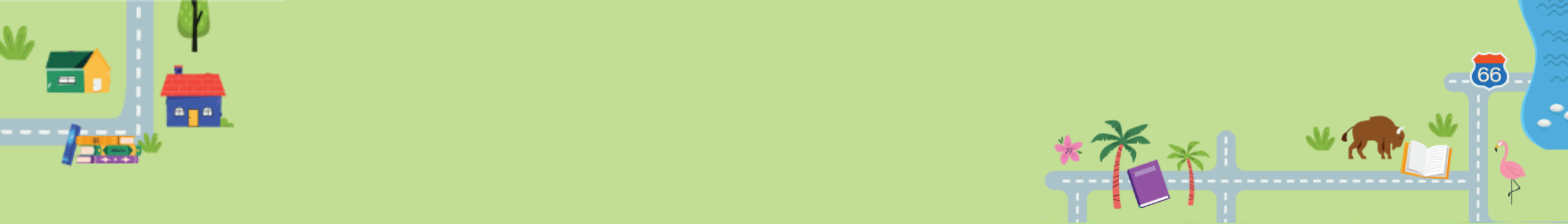 green banner with illustrations of streets, houses, palm trees, lakes near the edges/corners