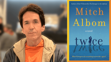 photo of author Mitch Albom next to book cover titled TWICE