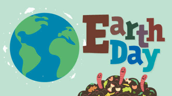 Earth Day graphic showing a globe and earth worms