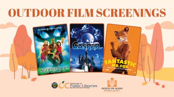 text: Outdoor Film Screenings above movie cover images for Scooby Doo, Casper, and Fantastic Mr. Fox with background of clouds and autumn trees and leaves