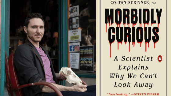 photo of author Coltan Scrivner holding animal skull and cover of book titled Morbidly Curious a Scientist Explains Why We Can't Look Away
