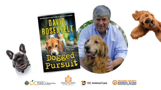 small black dog next to book cover of "Dogged Pursuit" by David Rosenfelt, next to photo of author Rosenfelt with golden retriever next to photo of small dog