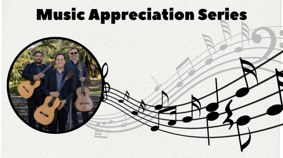 text reads Music Appreciation series above photo of three men holding guitar next to music notes