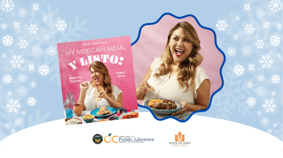 Light blue background with white snowflakes of varying sizes. In the middle a cover of cookbook titled Y Listo! next to photo of cookbook author Jenny Martinez holding a plate of food