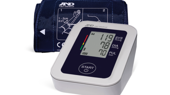 photo of electronic blood pressure monitor and arm cuff