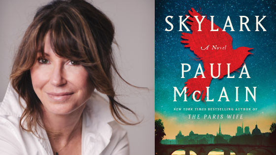 photo of author Paula McLain next to book cover titled Skylark