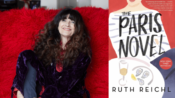 author Ruth Reichl sitting on fluffy red chair next to photo of book cover for "The Paris Novel"