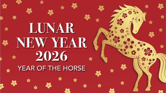 text reads: LUNAR NEW YEAR 2026 YEAR OF THE HORSE" next to a golden horse with red flower cutouts