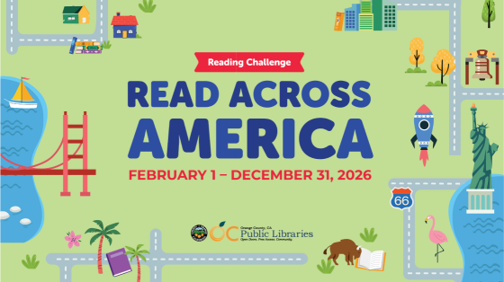 Read Across America: graphic background features green land with various city/American landmarks like route 66 and the statue of liberty. Text reads: "Reading Challenge Read Across America February 1 - December 31, 2026" Logo near bottom: OC Public Libraries