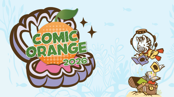 illustrated underwater background. Text reads: "Comic Orange 2026" overlapping an orange sitting in a clam shell. Next to it is a zebra in a scuba suit reading a book while floating above an open treasure chest with books floating out of it.