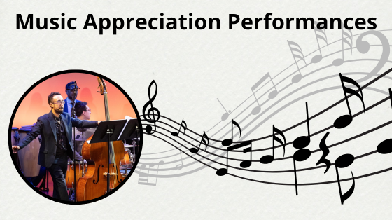 Text reads: Music Appreciation Series. Background: Lines of music. Overlapping photo: Rigo Moreno Quintet on state with instruments.