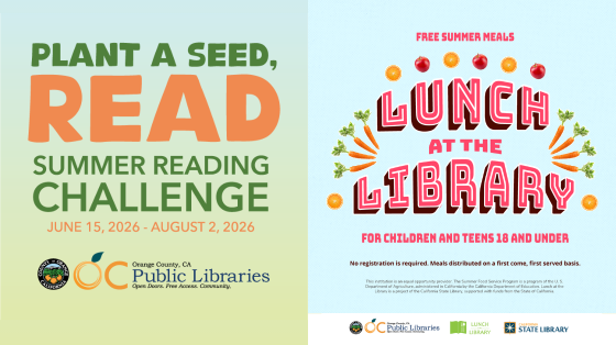 Collage graphic promoting Summer Reading Program at OC Public Libraries including a Summer Reading Challenge and Lunch at the Library.