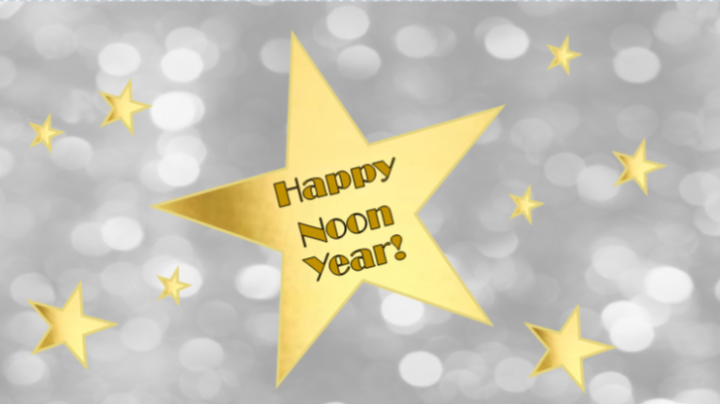 Silver Glitter Background with Gold Stars, Happy Noon Year Message