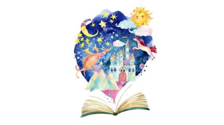 Open Book with images of a castle, dragon, unicorn and night sky coming out of it.