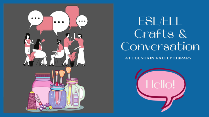 Web banner for ESL ELL Crafts and Conversation Program. First image of a group of people talking to each other. Second image of various crafts supplies. Third image of the word "Hello" in a pink speech bubble underneath program description.