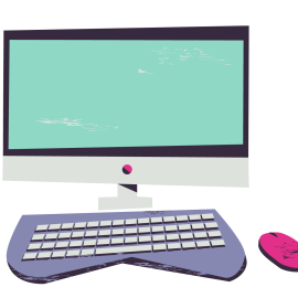 A cartoon drawing of a computer monitor, keyboard, and mouse