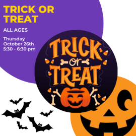 trick or treat, bats, jack 'o lanterns, and pumpkins