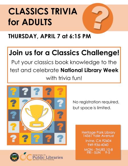 Classics Trivia for Adults, April 7th at 6:15 P.M.