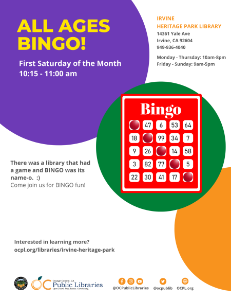 BINGO, first Saturday of the month 10:15 AM