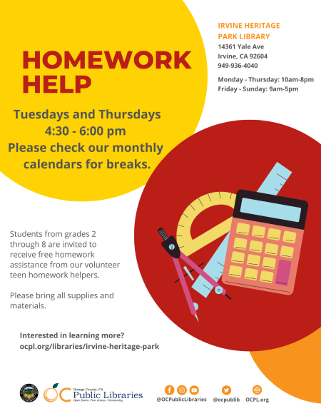 Homework Help, Tuesdays and Thursdays from 4:30 PM to 6:00 PM