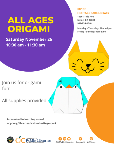 All Ages Origami: Irvine Heritage Park Library