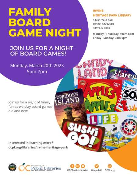 Family Board Game Night, Irvine Heritage Park Library, Mar. 20th at 5PM