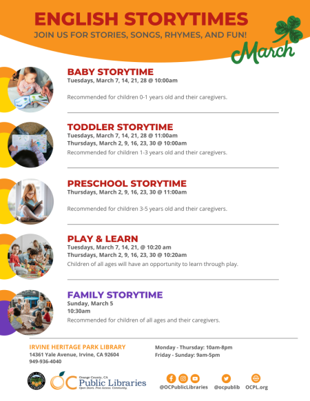 Toddler Storytime, Irvine Heritage Park Library, March 2, 9, 16, 23, 30 at 10 AM