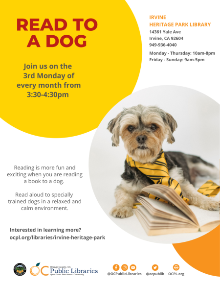 Read to a dog, 3rd Monday of the month at 3:30 PM