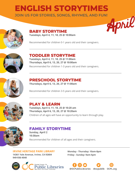 Baby Storytime, Irvine Heritage Park Library, Tuesdays at 10 AM