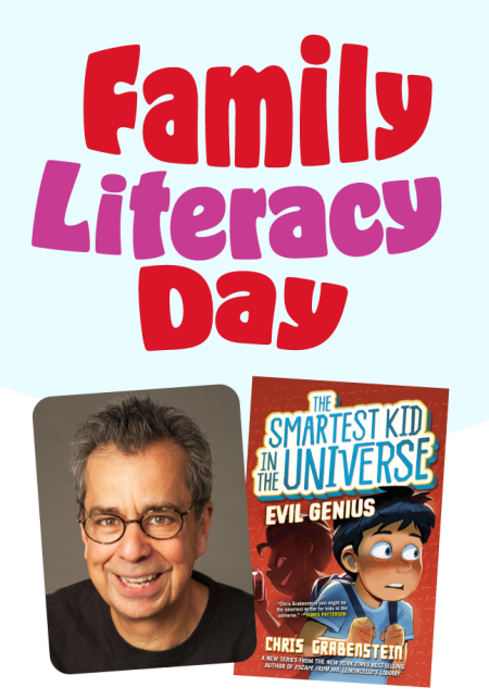 Family Literacy Day logo with photo of author Grabenstein