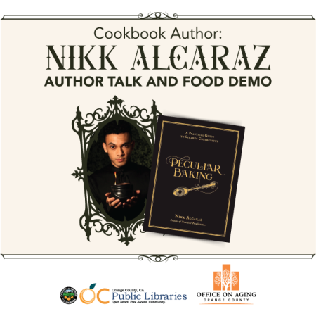 graphic of Nikk Alcaraz and cover of cookbook titled Peculiar Baking
