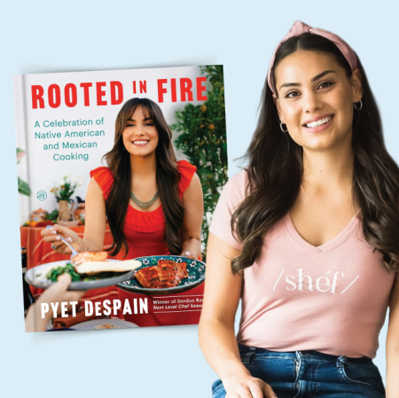 cookbook cover titled Rooted in Fire by Pyet DeSpain next to photo of Pyet DeSpain
