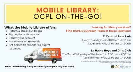 Mobile Library graphic with stops in La Habra for El Centro-Lions Park and La Habra Boys and Girls Club