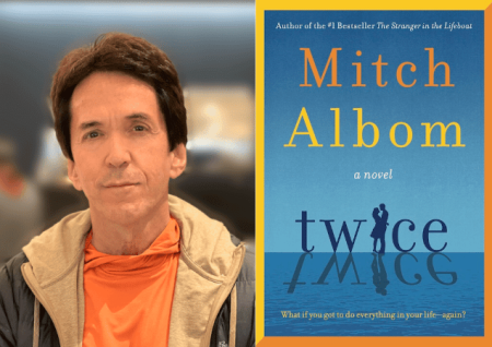photo of author Mitch Albom next to book cover titled TWICE