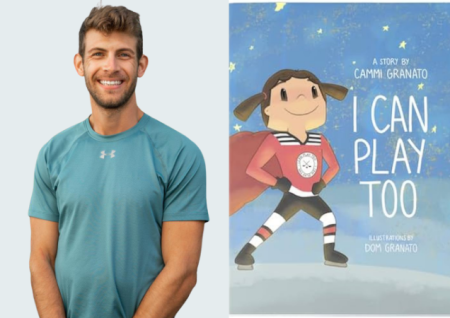 Photo of Dom Granato next to book cover titled I Can Play Too