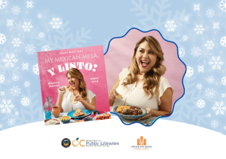 Light blue background with white snowflakes of varying sizes. In the middle a cover of cookbook titled Y Listo! next to photo of cookbook author Jenny Martinez holding a plate of food