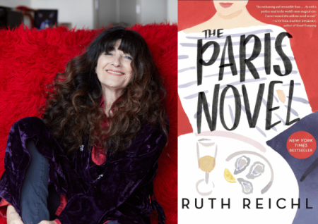 photo of author Ruth Reichl sitting on furry red seat next to illustrated book cover titled "The Paris Novel"