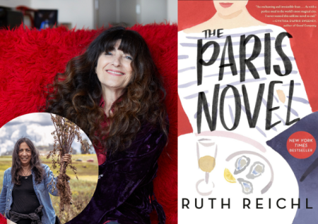 small photo of Laurie Ochoa holding plants in a circular frame. Behind that, a larger photo of Ruth Reichl sitting on a fluffy chair next to a photo of book cover titled "The Paris Novel" 