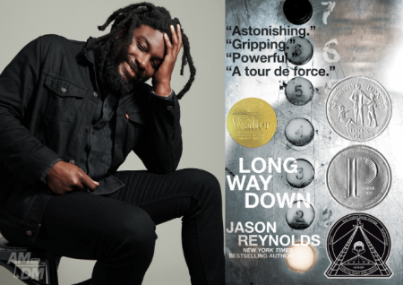 photo of author Jason Reynolds next to photo of book cover titled "Long Way Down"