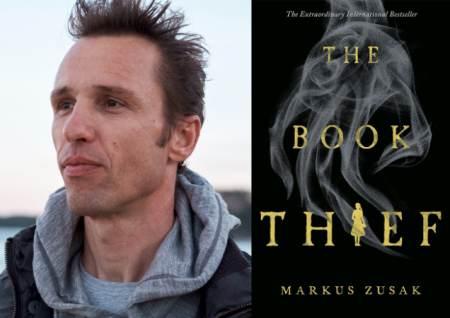 Photo of author Markus Zusak next to photo of book cover titled "The Book Thief" 