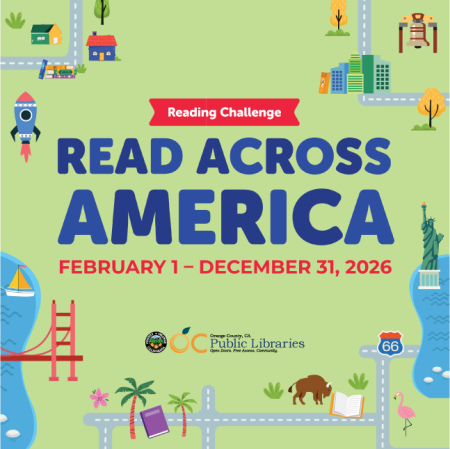 graphic background features green land with various city/American landmarks like route 66 and the statue of liberty. Text reads: "Reading Challenge Read Across America February 1 - December 31, 2026" Logo near bottom: OC Public Libraries