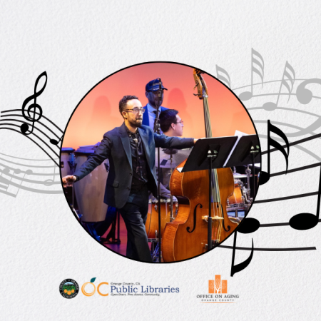 Text reads: Music Appreciation Series. Background: Lines of music. Overlapping photo: Rigo Moreno Quintet on state with instruments. Logos, bottom center: OC Public Libraries, OC Office on Aging