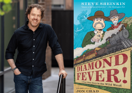 Photo of author Steve Sheinkin next to book cover titled "Diamond Fever!"