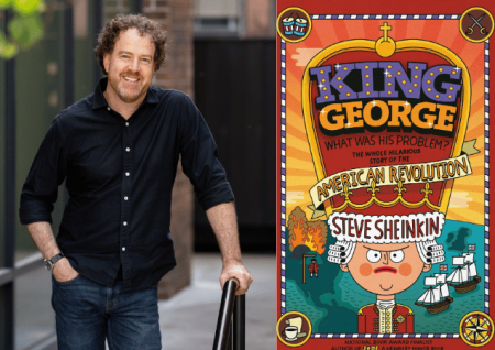 Photo of author Steve Sheinkin next to book cover titled "King George"
