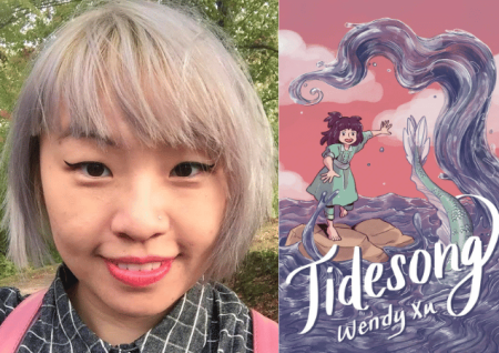 Photo of author Wendy Xu next to book cover titled "Tidesong"