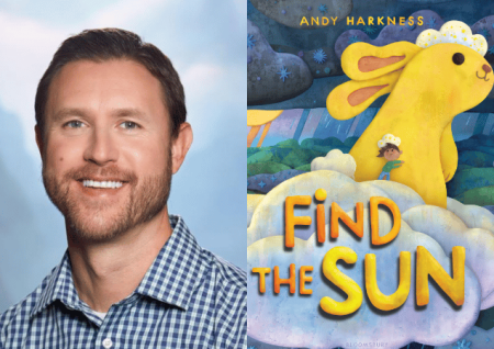 Photo of author Andy Harkness next to book cover titled "Find the Sun"